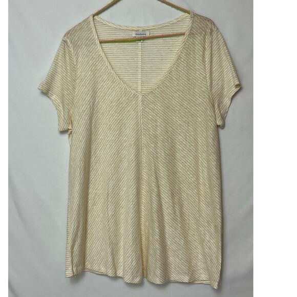 Sundance Women's Large Tan White Striped 100% Linen Sheer V-Neck Lightweight Top - Picture 1 of 6